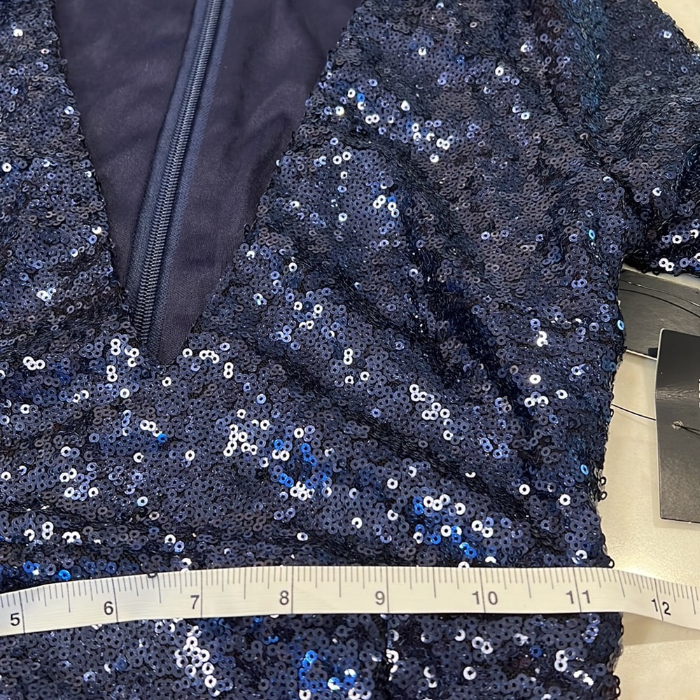 Lulu's Navy Sequin Long Sleeve V-Neck Prom Dress - Picture 7 of 9